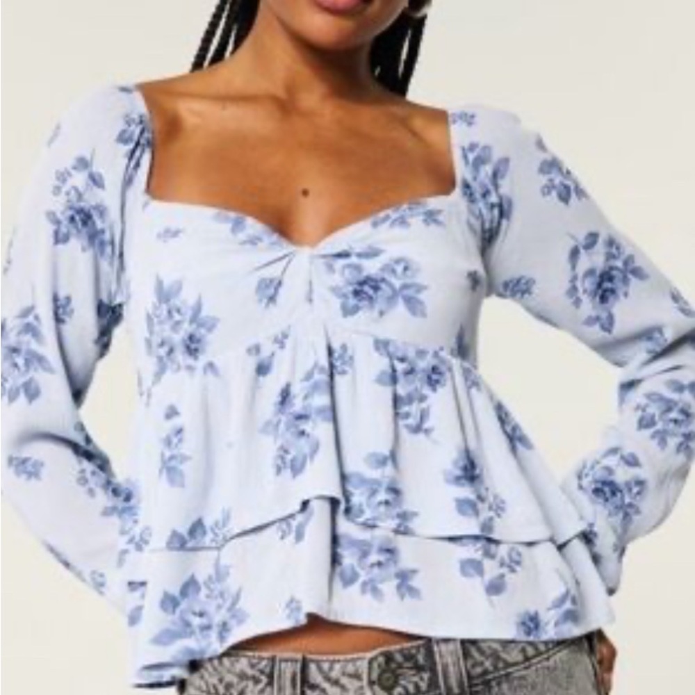 Hollister Blue Floral Blouse Top Babydoll, Small